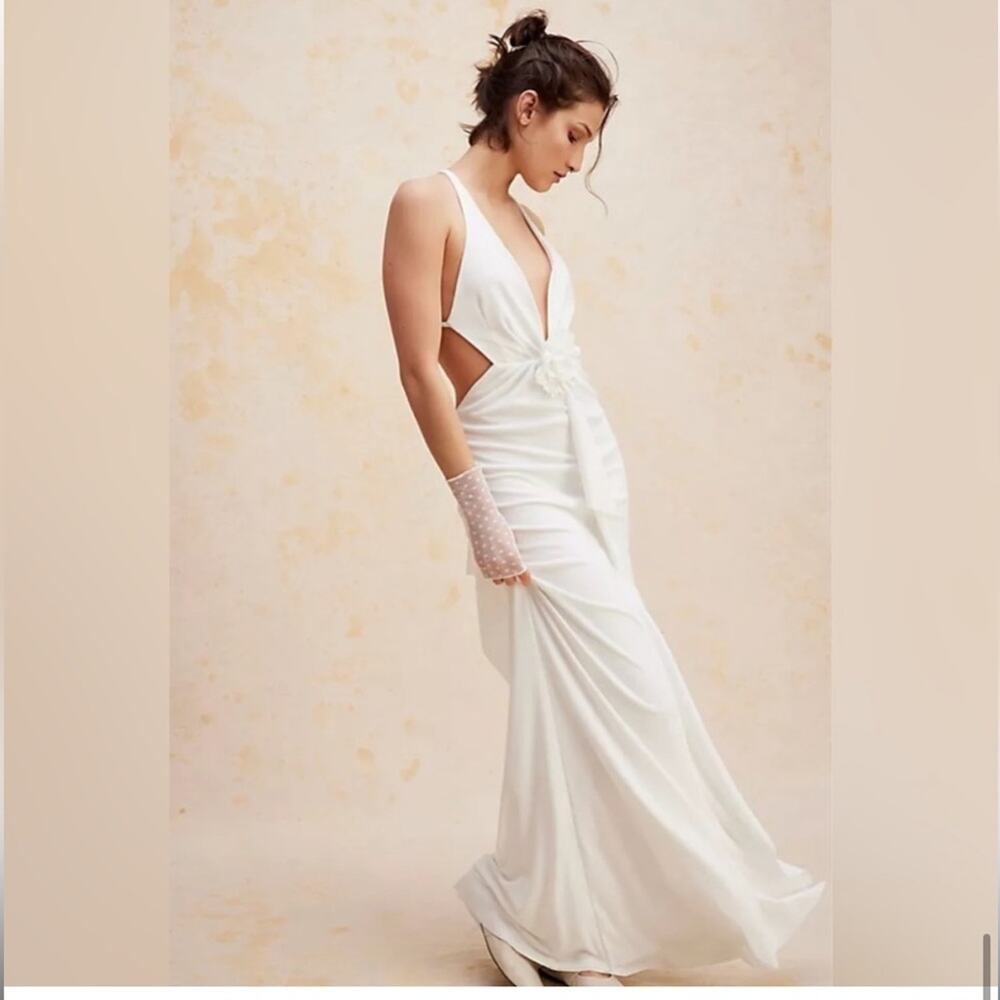 Ronny Kobo X Free People Floral Appliqué Plunge‎ Gown White Size Small